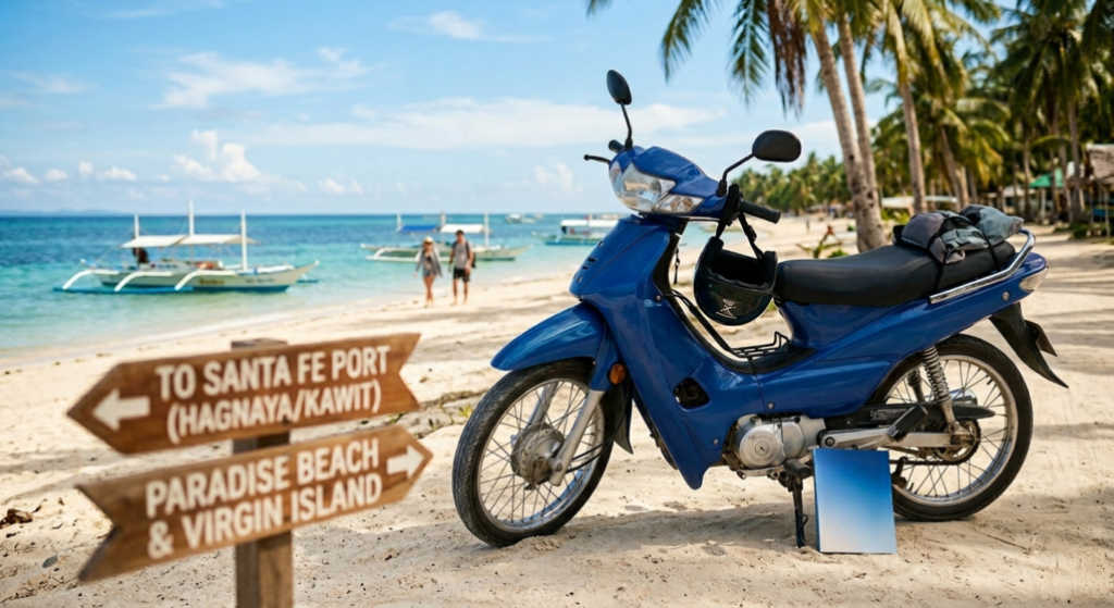 A depiction of a blue motrocycle parked in the beach of Bantayan Island.